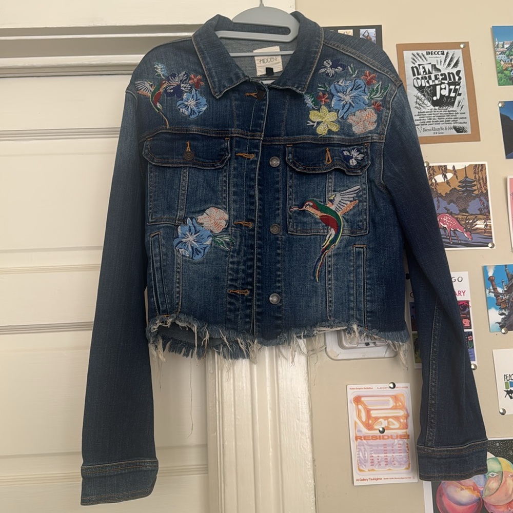 Vintage custom jean jacket. Cropped and stretchy denim. Hand sewn detailing.